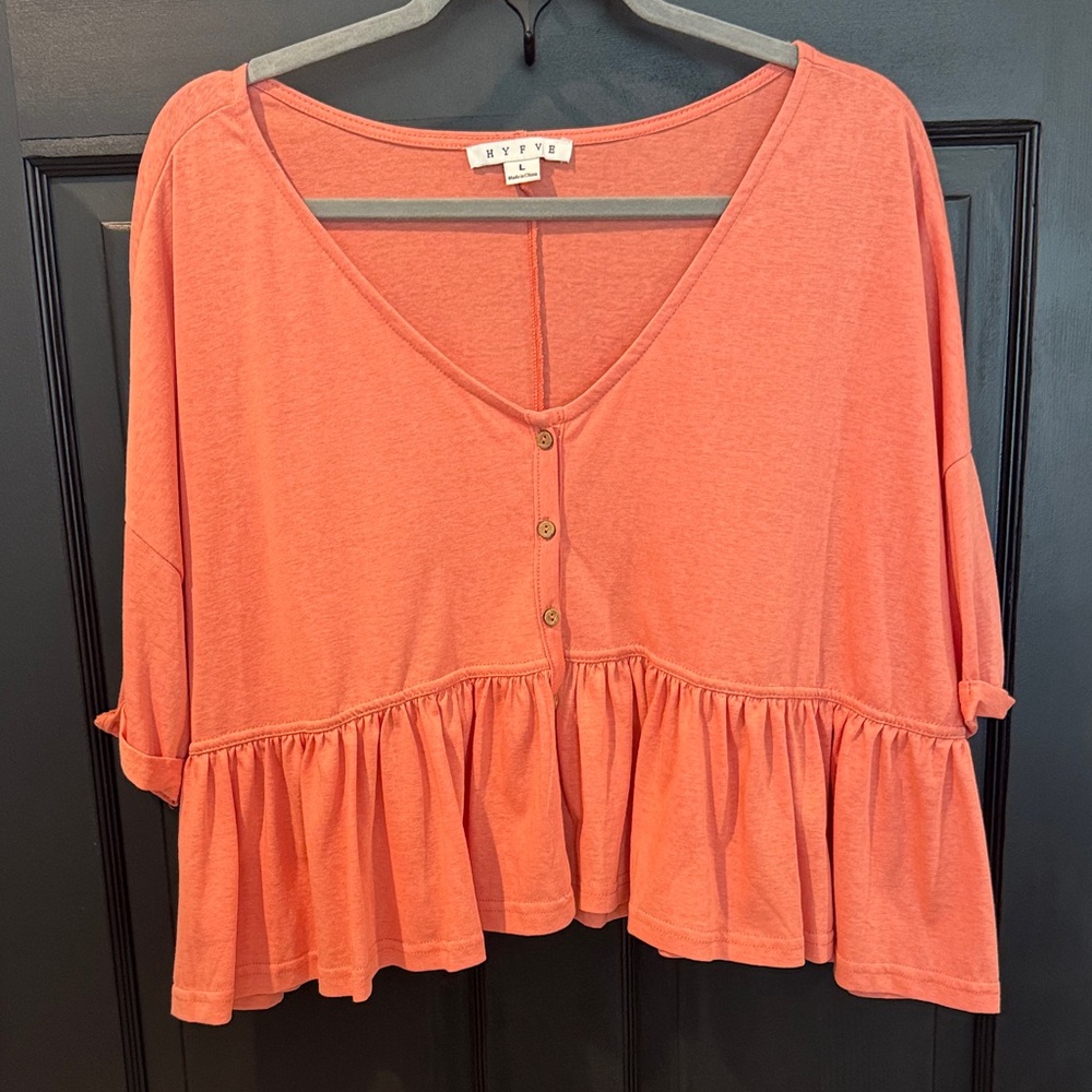 HYFVE Coral Peplum Button-Front Crop Top